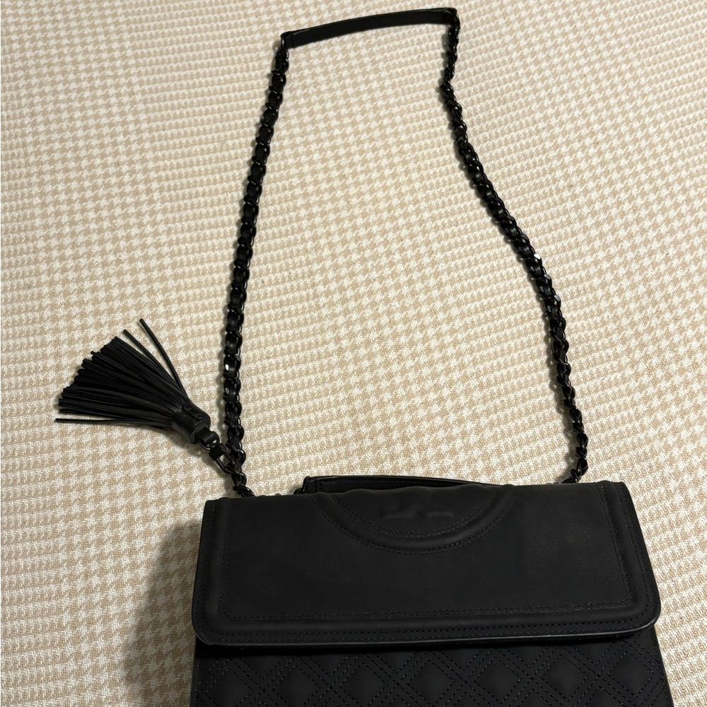 Tory Burch Black Crossbody Bag with Braided Strap and Tassel